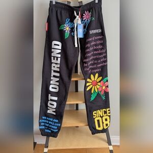 Graphic Floral Black Joggers with Drawstring Waist